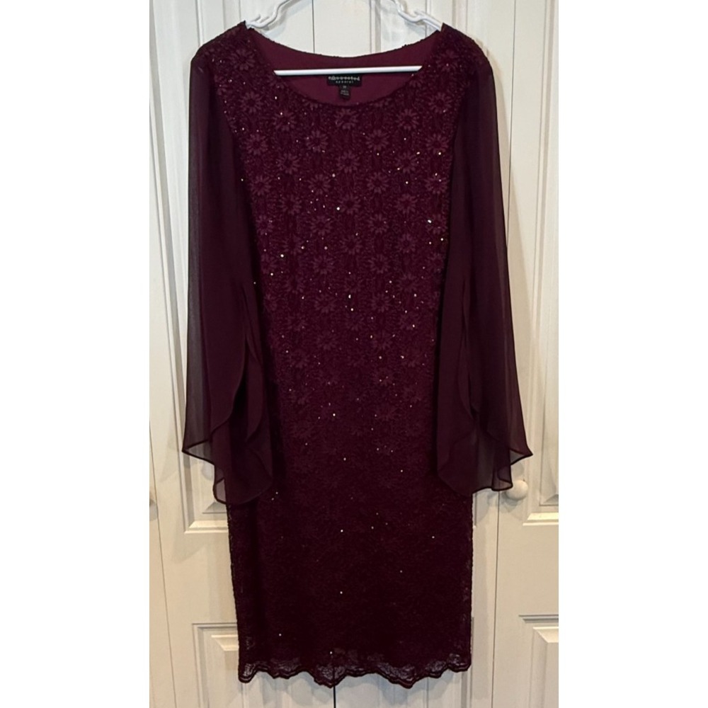 Connected Apparel Burgundy Lace Sequin Dress Women's 14 Sheer Bell Sleeves
